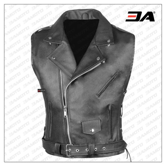 Mens Classic Black Leather Motorcycle Biker Vest - 3amoto shop