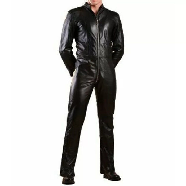 Mens Genuine Black Leather Bodysuit Jumpsuit