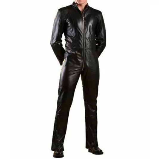 Mens Genuine Black Leather Bodysuit Jumpsuit - 3amoto shop