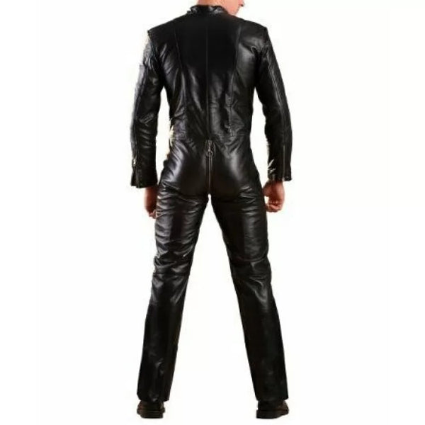 Mens Genuine Black Leather Bodysuit Jumpsuit