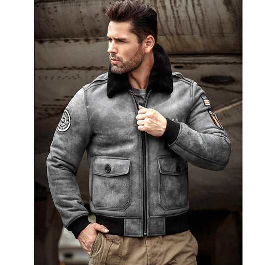 Mens Grey B3 RAF Flight Shearling Leather Jacket Coat - 3amoto shop