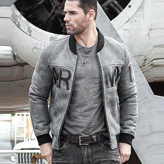 Mens Grey Sheepskin Army Shearling Bomber Jacket - Fashion Leather Jackets USA - 3AMOTO