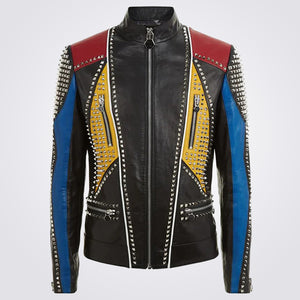 Mens Philipp Full Studded Multicolor Leather Jacket