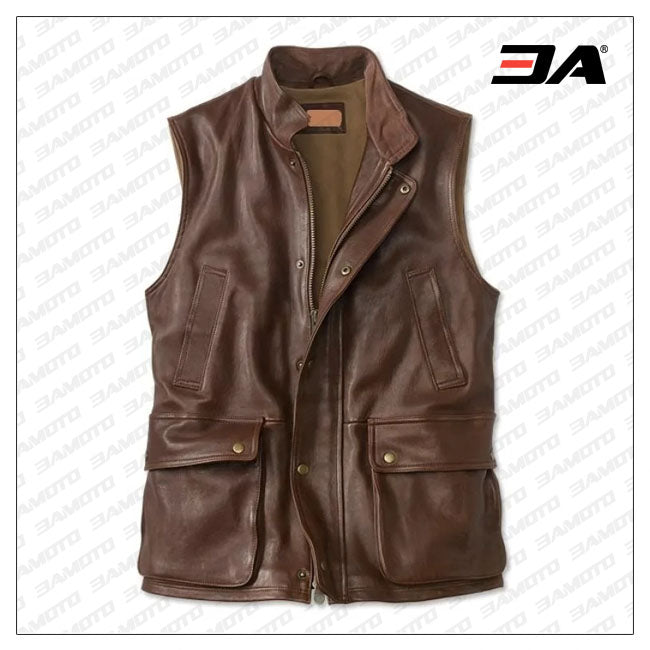 Mens Pure Lambskin Brown Leather Biker Vest