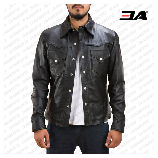 Mens Ranchson Black Leather Shirt - Fashion Leather Jackets USA - 3AMOTO