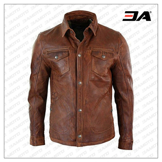 Mens Real Wax Brown Leather Shirt - Fashion Leather Jackets USA - 3AMOTO