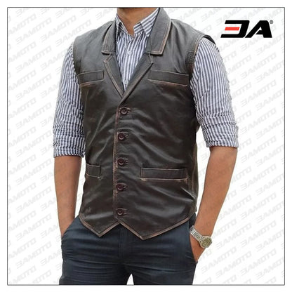 Mens Western Style Genuine Brown Leather Vest