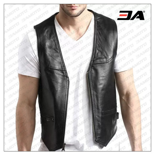 Mens Zip Front Lambskin Black Leather Vest - Fashion Leather Jackets USA - 3AMOTO