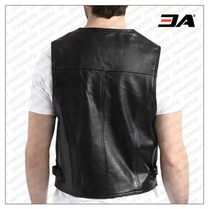 Mens Zip Front Lambskin Black Leather Vest