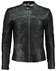 Men,s Black Washed Waxy Sheepskin Padded Shoulder Fashion Leather Jacket