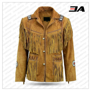 Mens Brown Classic Western Suede Leather Jacket With Beads Fringes Indians