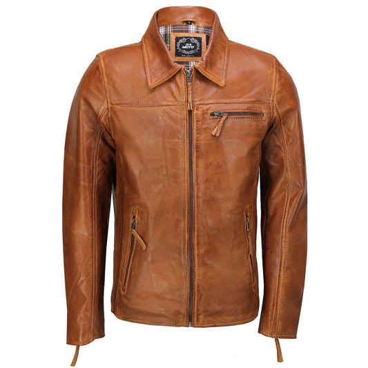 Mens Real Leather Jacket Classic Collar Retro Zip Up Biker Style Smart Slim Fit - Fashion Leather Jackets USA - 3AMOTO