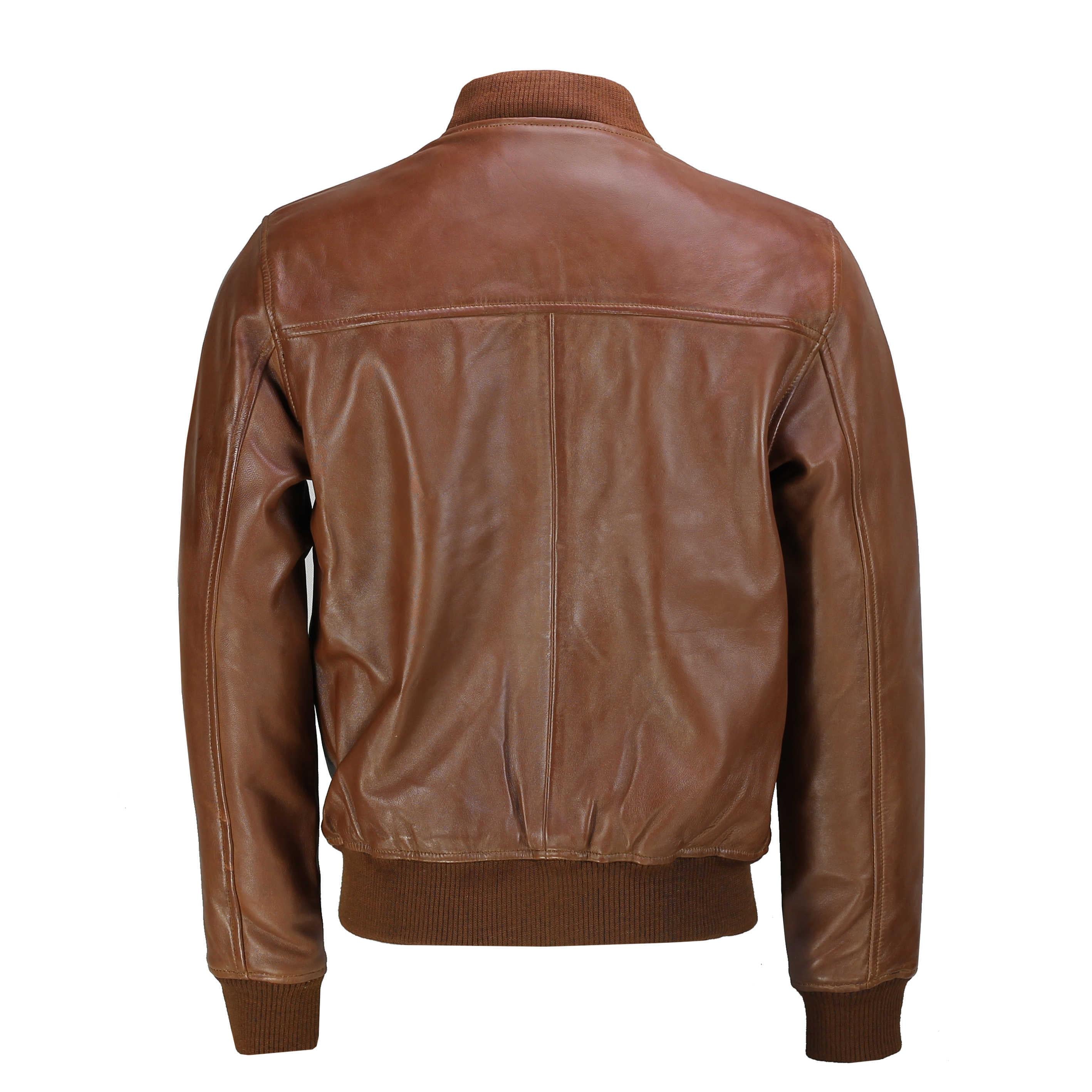 Men's Tan Leather Bomber Jacket - Vintage Biker Jacket