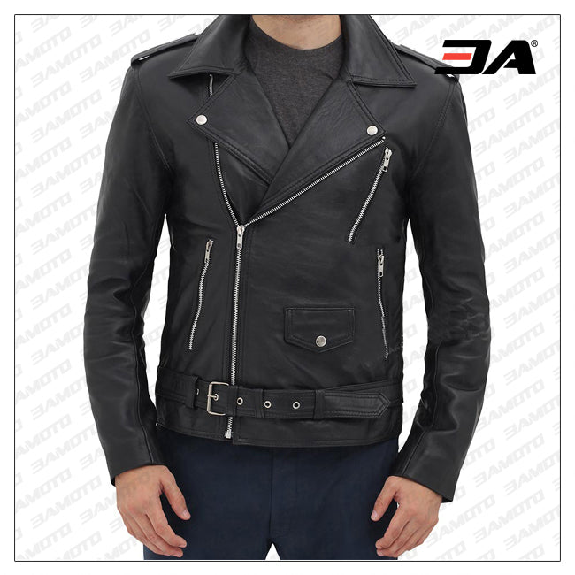 Black Asymmetrical Slim Fitted Rider Belted Leather Jacket
