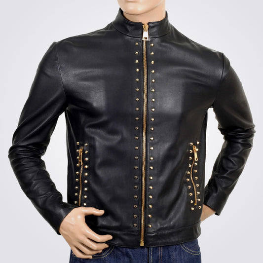 New Black Soft Cowhide Leather Studded Jacket for Men - 3amoto shop