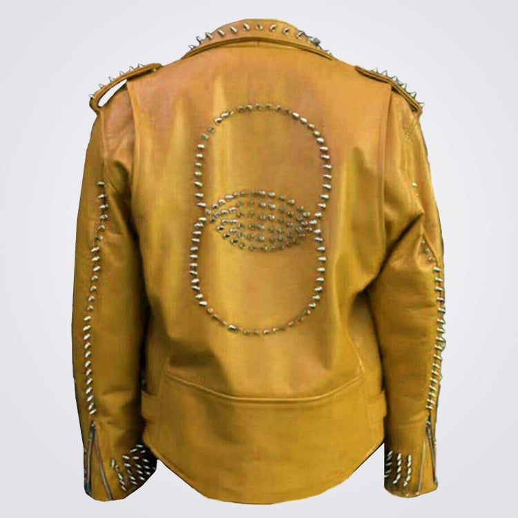 Punk Men Designer Handmade Full Spiked & Studded Yellow Leather Jacket