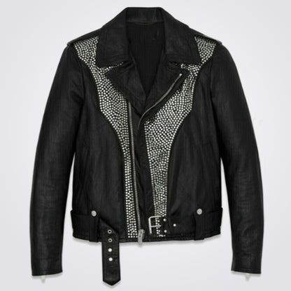 New Men's Black Silver Studded Punk Rock Cowhide Biker Leather Jacket Belted