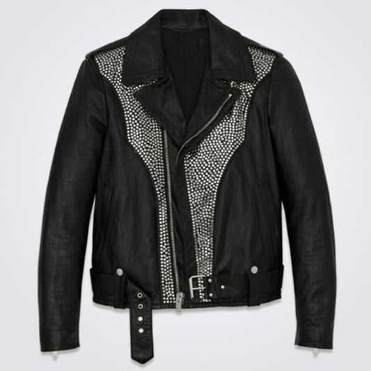 New Men's Black Silver Studded Punk Rock Cowhide Biker Leather Jacket Belted - Fashion Leather Jackets USA - 3AMOTO