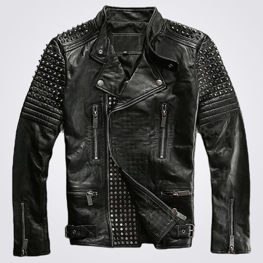 New Mens Black Silver Studded buttoned Punk Cowhide Biker Leather Jacket - Fashion Leather Jackets USA - 3AMOTO