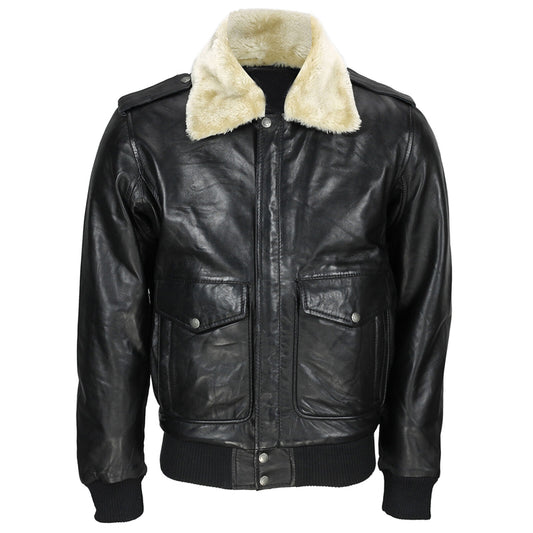 New Mens Black US Air Pilot Flight Bomber Jacket Removable Fur Collar - Fashion Leather Jackets USA - 3AMOTO