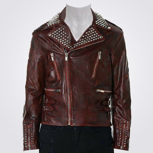 New Mens Full Red Waxed Punk Metallic Spiked Studded Zippered Leather Jacket - Fashion Leather Jackets USA - 3AMOTO