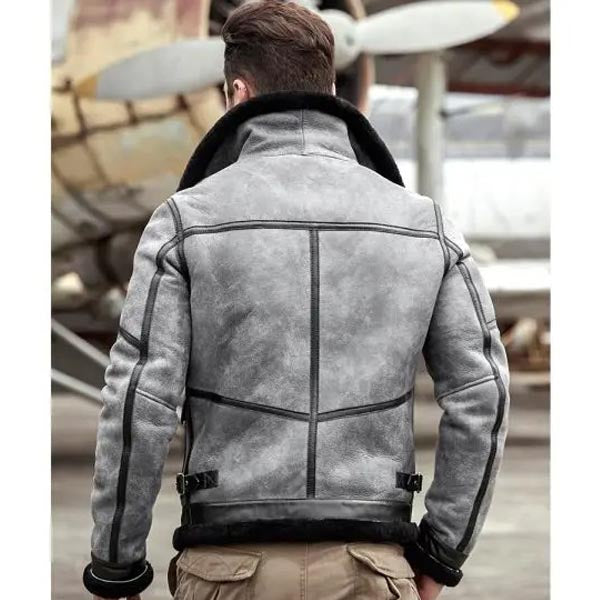 New Men's Gray B3 Shearling Sheepskin Coat Airforce Flight Jacket