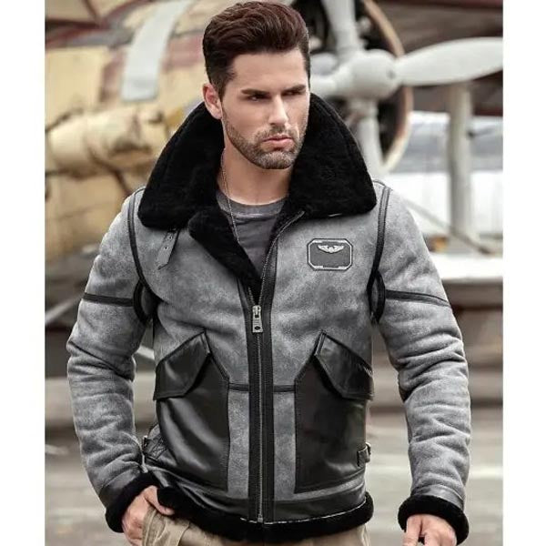 New Men's Gray B3 Shearling Sheepskin Coat Airforce Flight Jacket