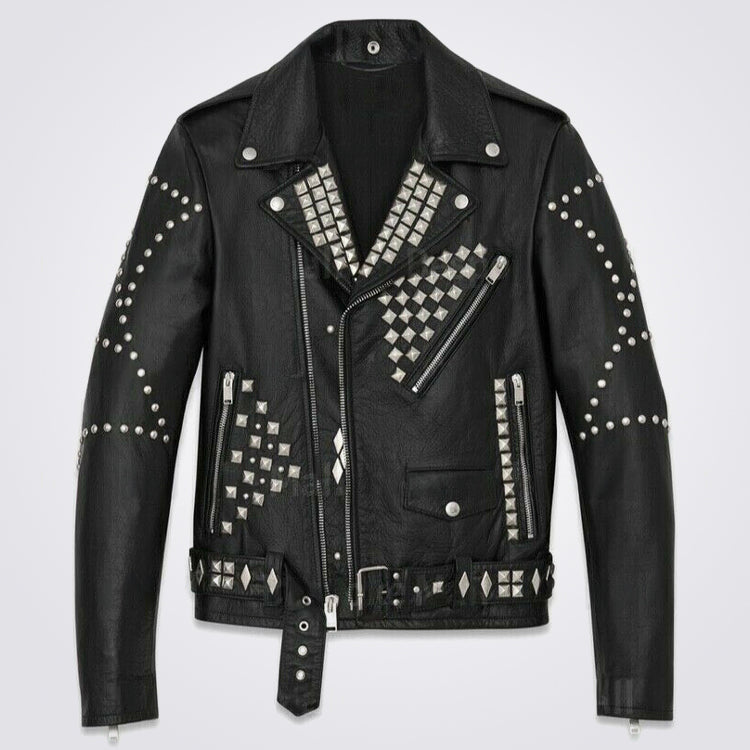 New Mens Handmade Black Full Silver Punk Studded Rivets Leather Jacket