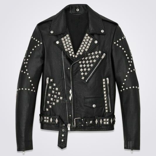 New Mens Handmade Black Full Silver Punk Studded Rivets Leather Jacket - Fashion Leather Jackets USA - 3AMOTO