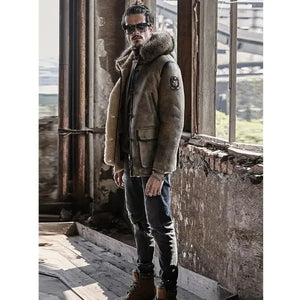 New Men's Hooded Shearling Sheepskin Coat With Raccoon Fur Collar