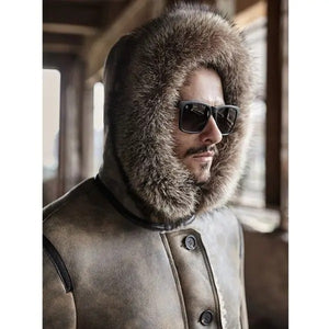 New Men's Hooded Shearling Sheepskin Coat With Raccoon Fur Collar