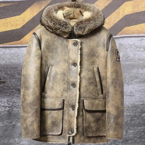 New Men's Hooded Shearling Sheepskin Coat With Raccoon Fur Collar