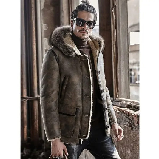 New Men's Hooded Shearling Sheepskin Coat With Raccoon Fur Collar - Fashion Leather Jackets USA - 3AMOTO