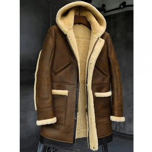 New Men's Retro Brown Hooded Shearling Sheepskin Long Coat