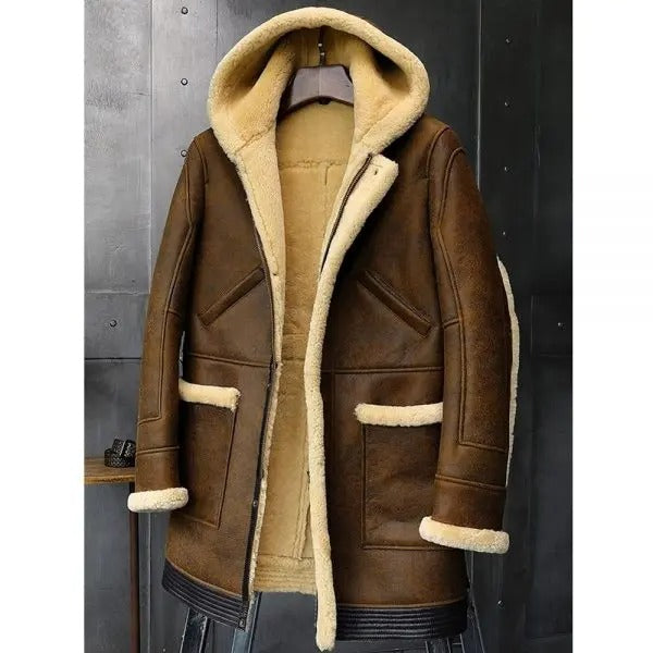 New Men's Retro Brown Hooded Shearling Sheepskin Long Coat