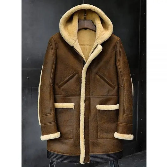 New Men's Retro Brown Hooded Shearling Sheepskin Long Coat - Fashion Leather Jackets USA - 3AMOTO