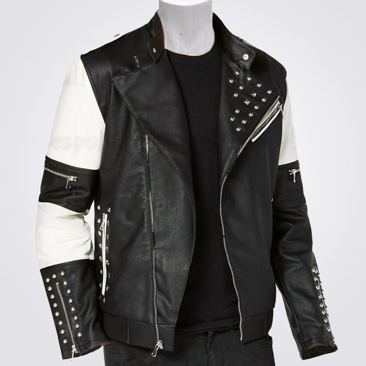 New Men's Two Tone Black White Genuine Leather Silver Studded Biker Jacket