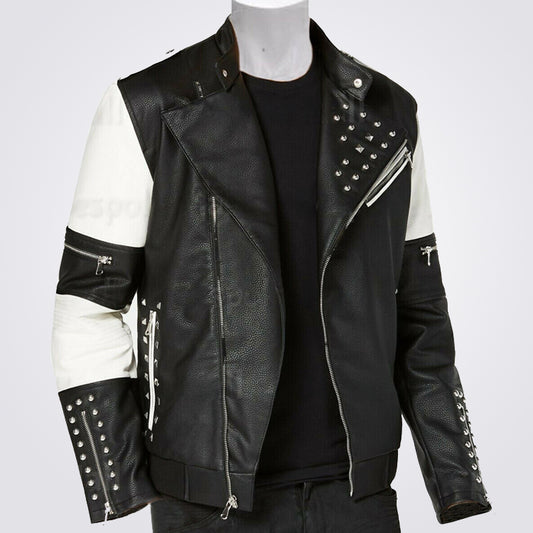 New Men's Two Tone Black White Genuine Leather Silver Studded Biker Jacket - Fashion Leather Jackets USA - 3AMOTO