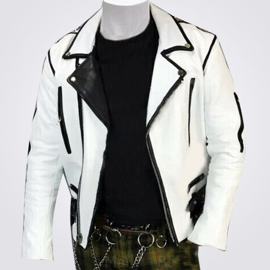 Men's White Black Silver Studded Brando Cowhide Biker Leather Jacket - Fashion Leather Jackets USA - 3AMOTO