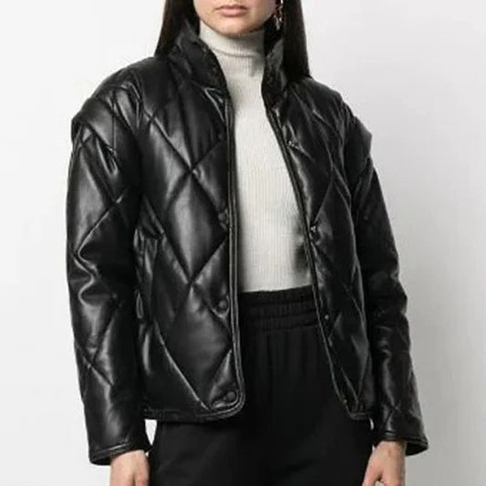 New Women Black Puffer Leather Jacket - Fashion Leather Jackets USA - 3AMOTO