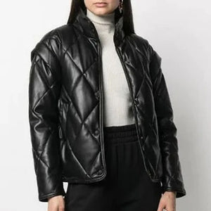 New Women Black Puffer Leather Jacket