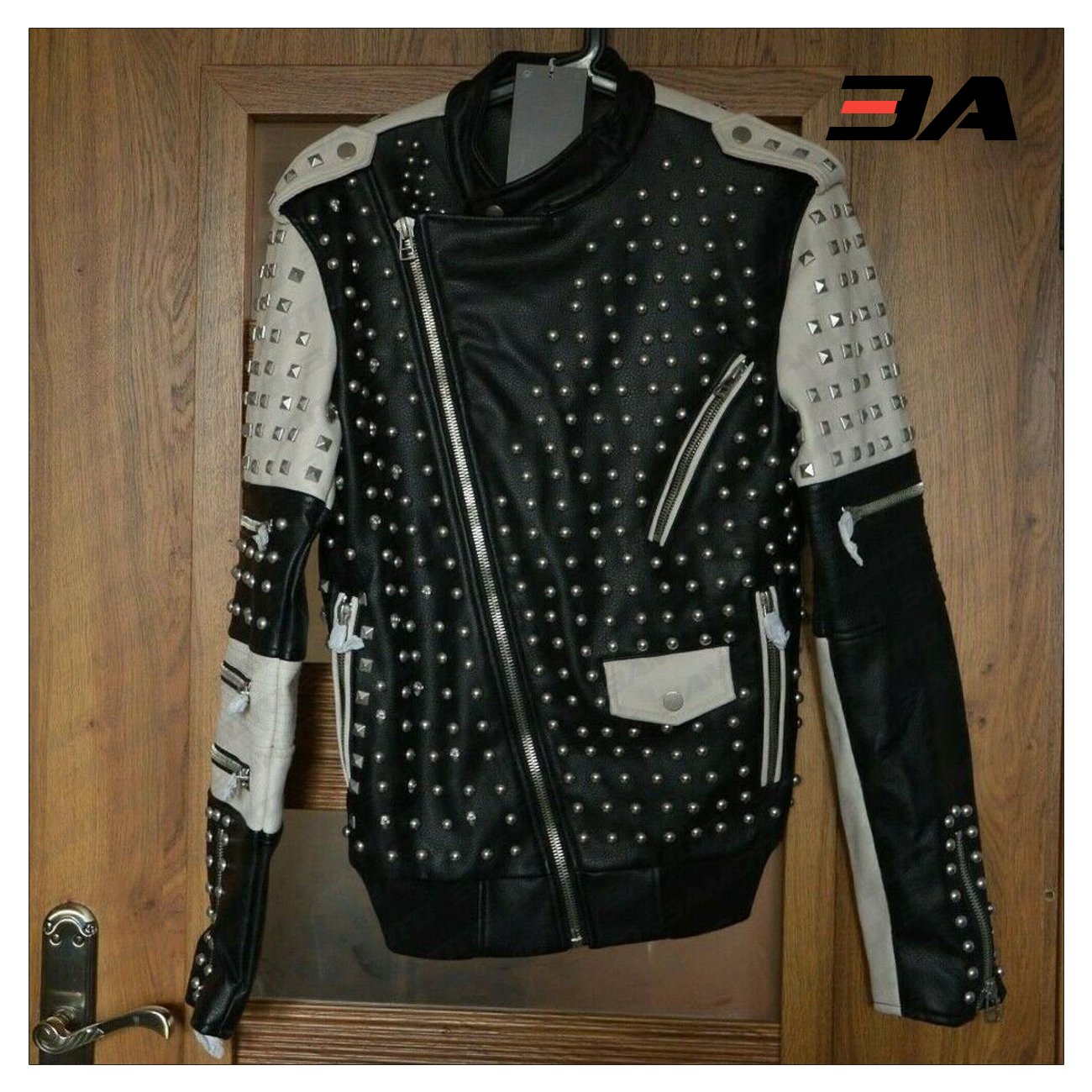 New Handmade Men's Black and white Fashion Studded Punk Style Stylish Jacket - 3A MOTO LEATHER