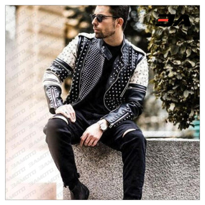 New Handmade Men's Black and white Fashion Studded Punk Style Stylish Jacket - 3A MOTO LEATHER