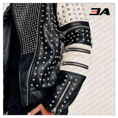 New Handmade Men's Black and white Fashion Studded Punk Style Stylish Jacket - 3A MOTO LEATHER