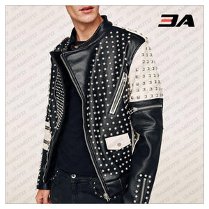 New Handmade Men's Black and white Fashion Studded Punk Style Stylish Jacket - 3A MOTO LEATHER