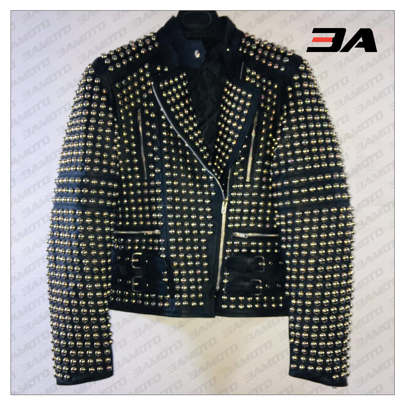 New Handmade Women's Black Fashion Golden Studded Punk Style Leather Jacket - 3A MOTO LEATHER