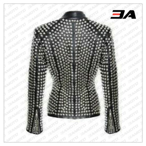 New Handmade Women's Black Fashion Golden Studded Punk Style Leather Jacket - 3A MOTO LEATHER