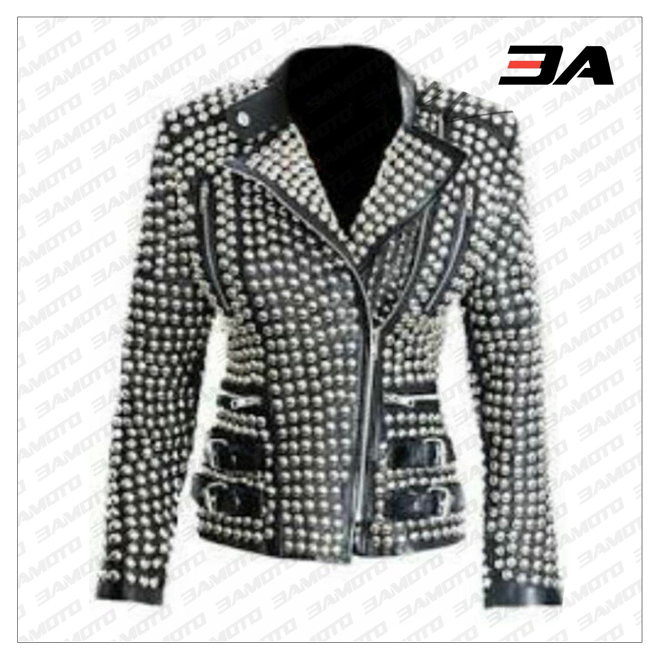 New Handmade Women's Black Fashion Golden Studded Punk Style Leather Jacket - 3A MOTO LEATHER