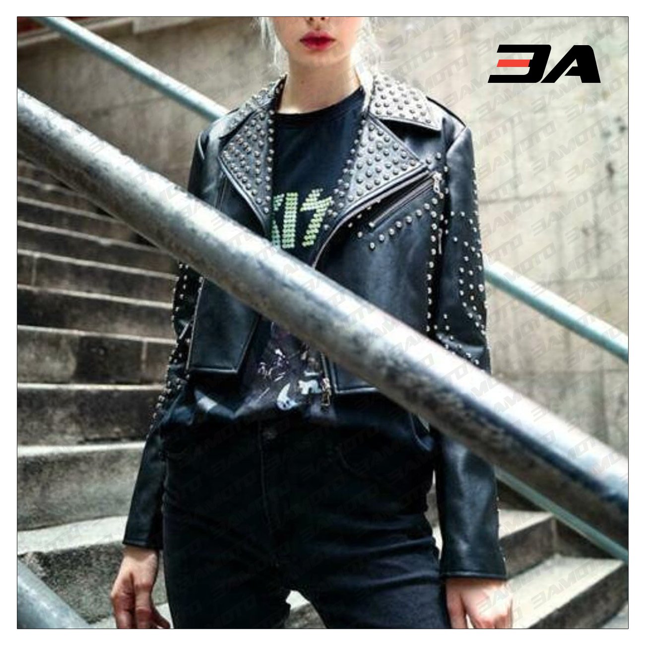 New Handmade Women's Black Fashion Studded Punk Style Leather Jacket - 3A MOTO LEATHER