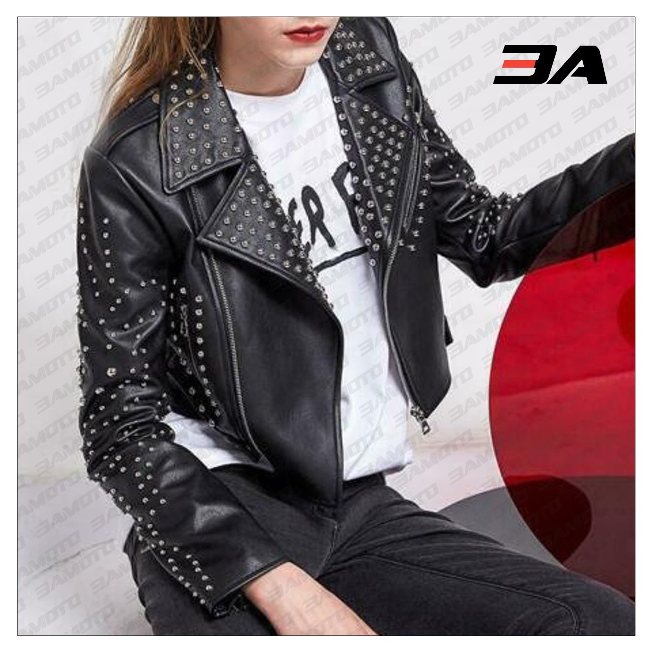 New Custom Punk Studded Bomber Black Leather Jacket for Women,women sale